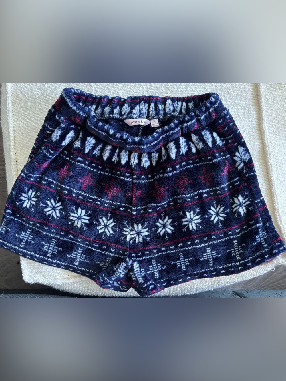 La Vie En Rose Navy Fleece Shorts with White & Pink Snowflake Pattern